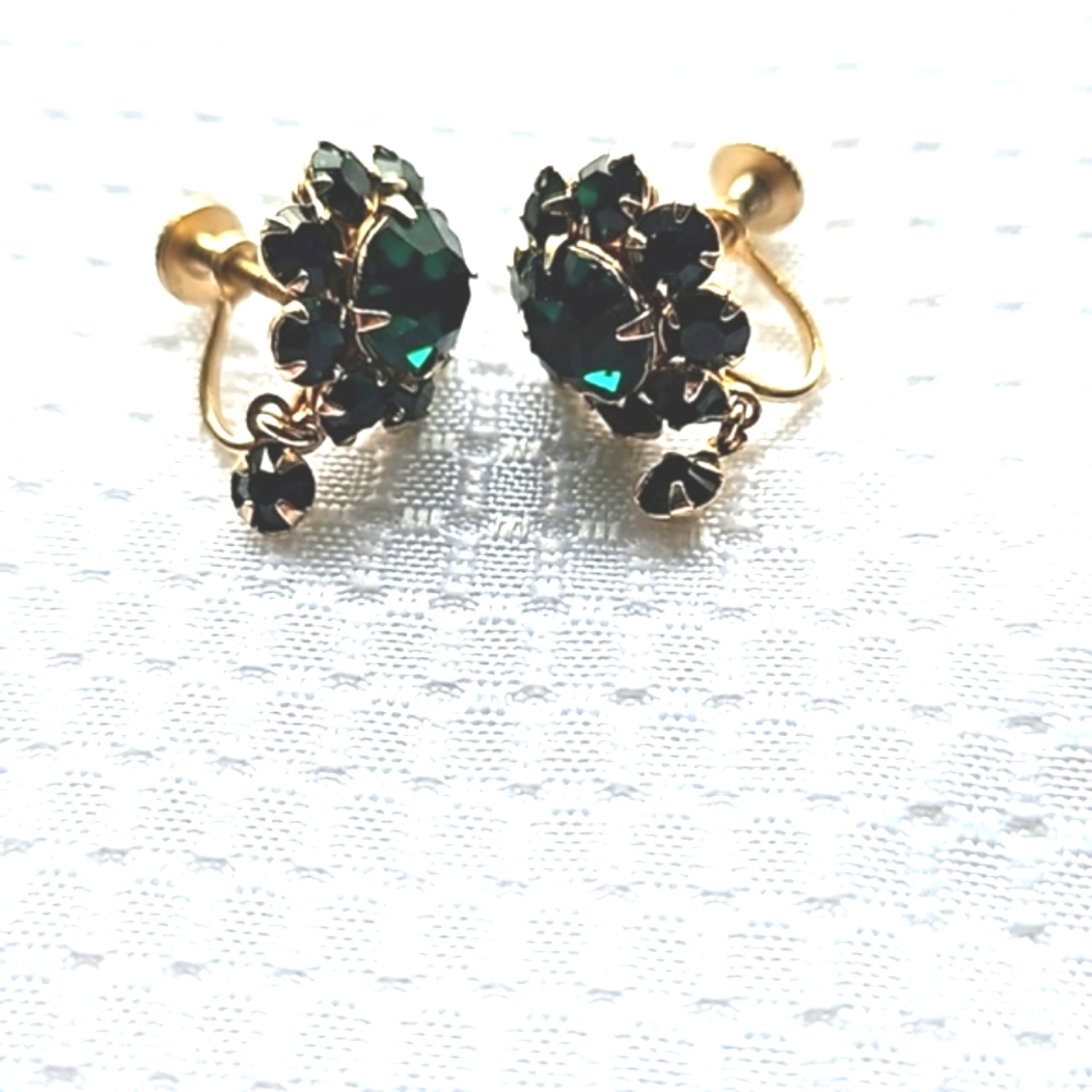Vintage 1940s Mid-Century Emerald Diamante Floral Button Screwback Earrings